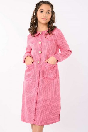 AN20893 فستان وردي انيق بتصميم تويد مع ازرار ذهبية أنيقة