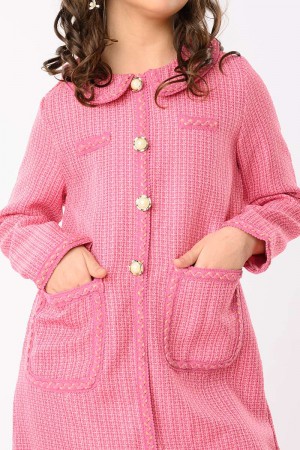 AN20893 فستان وردي انيق بتصميم تويد مع ازرار ذهبية أنيقة