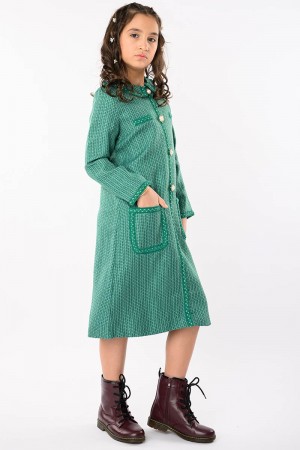 AN20893 فستان اخضر انيق بتصميم تويد مع ازرار ذهبية أنيقة