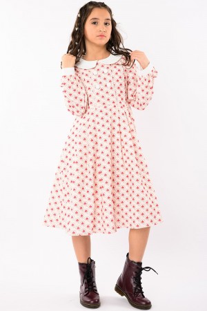 فستان بناتي شتوي بنقشة القلوب وبتصميم ياقة بيضاء أنيق AN23111