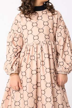 فستان بناتي شتوي بنقشة أنيقة وأكمام واسعة بلون بيج راقٍ AN23114