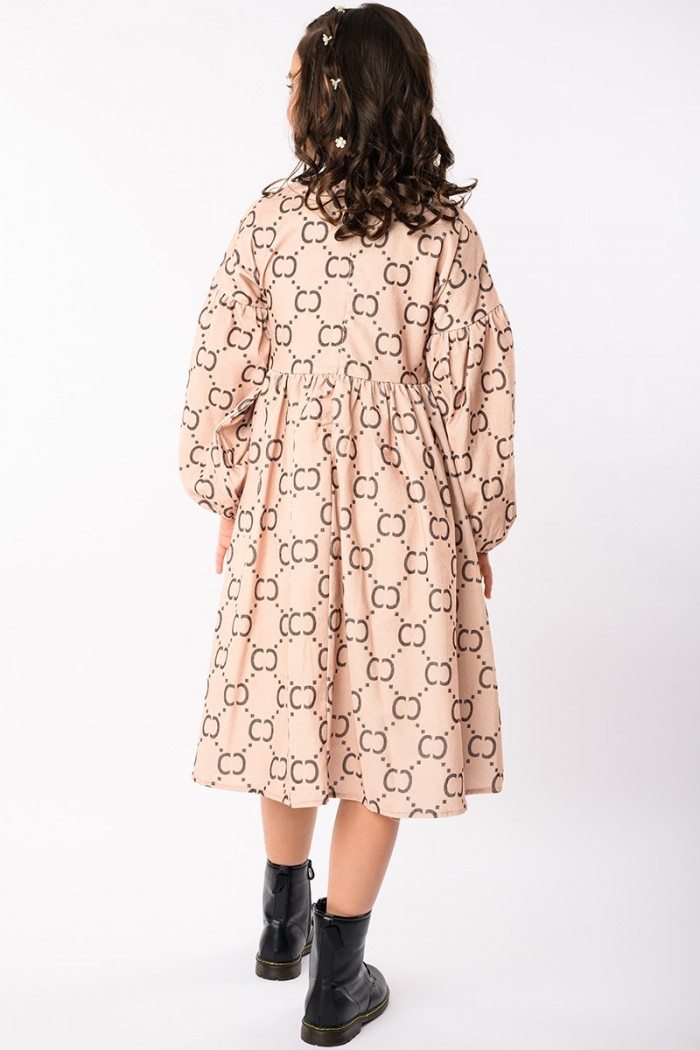 فستان بناتي شتوي بنقشة أنيقة وأكمام واسعة بلون بيج راقٍ AN23114 من Biscoti بسكوتي – فساتين بناتي أنيقة وفخمة