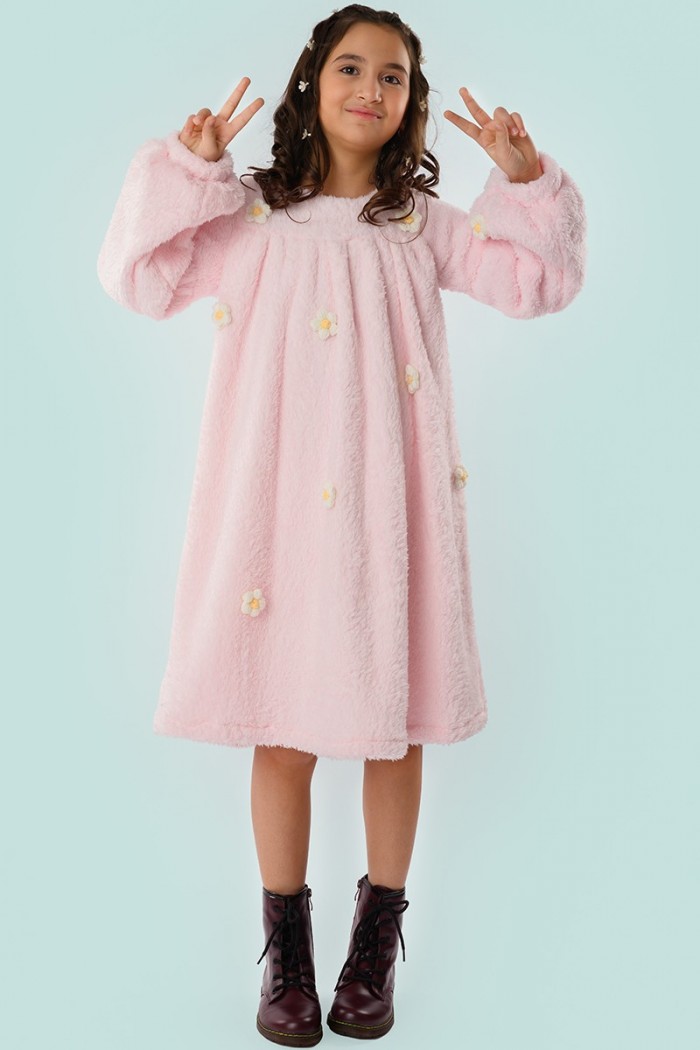 فستان بناتي شتوي وردي بنقشة زهور صغيرة ولمسة دافئة من Biscoti بسكوتي – فساتين بناتي أنيقة وفخمة