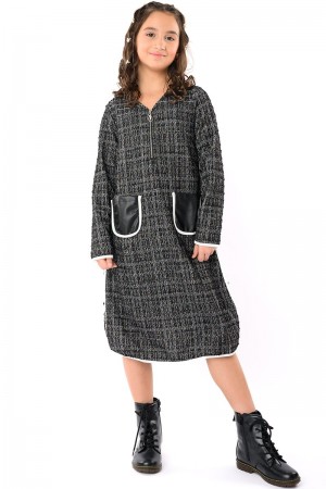 فستان شتوي أنيق للبنات بتصميم عصري وجيوب جلدية AN23100