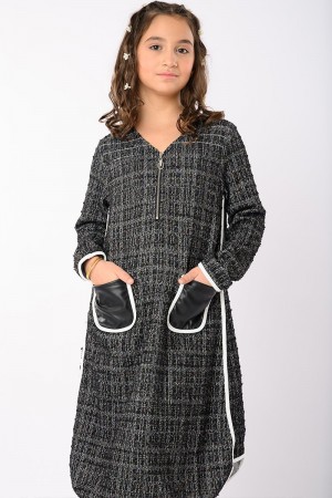 فستان شتوي أنيق للبنات بتصميم عصري وجيوب جلدية AN23100