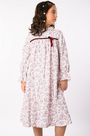 فستان بناتي مزهر بطبعات ورود رقيقة ولمسة شريط مخملي باللون الأحمر AN23102-P