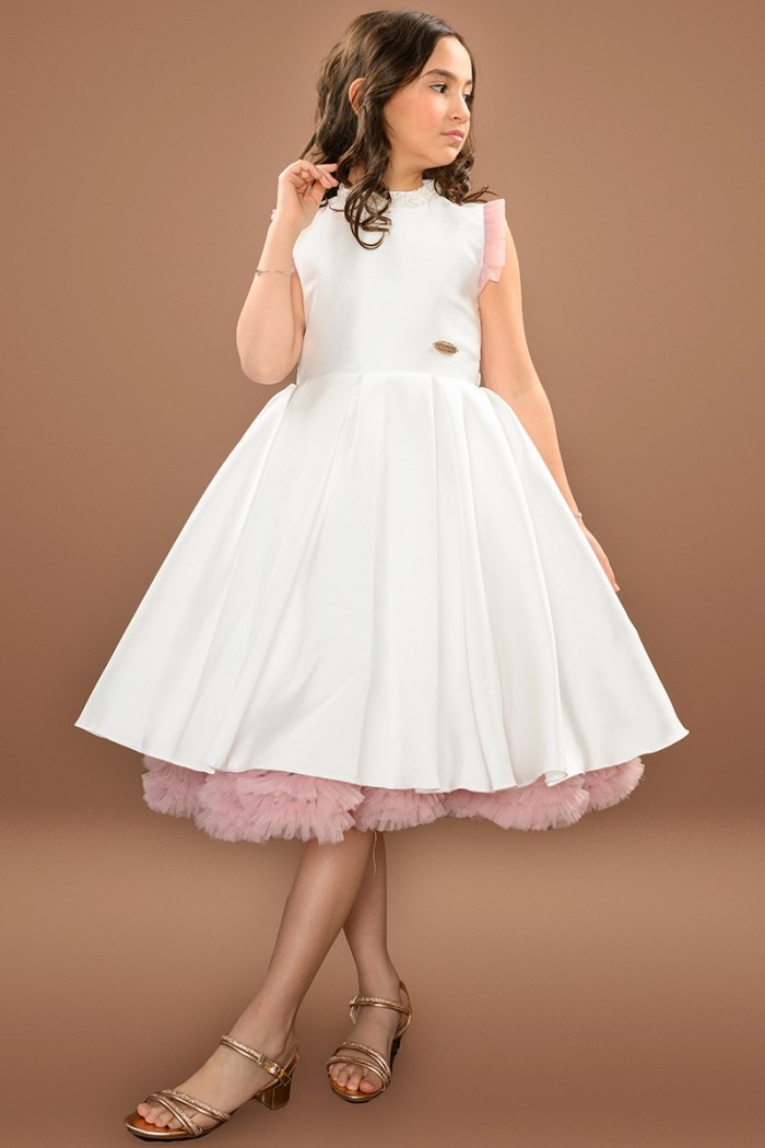 فستان بناتي سهرة ابيض بنهايات ورديه RA2438-W من Biscoti بسكوتي – فساتين بناتي أنيقة وفخمة