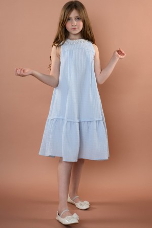 فستان كت سماوي مزين بلؤلؤ عند العنق AN24064