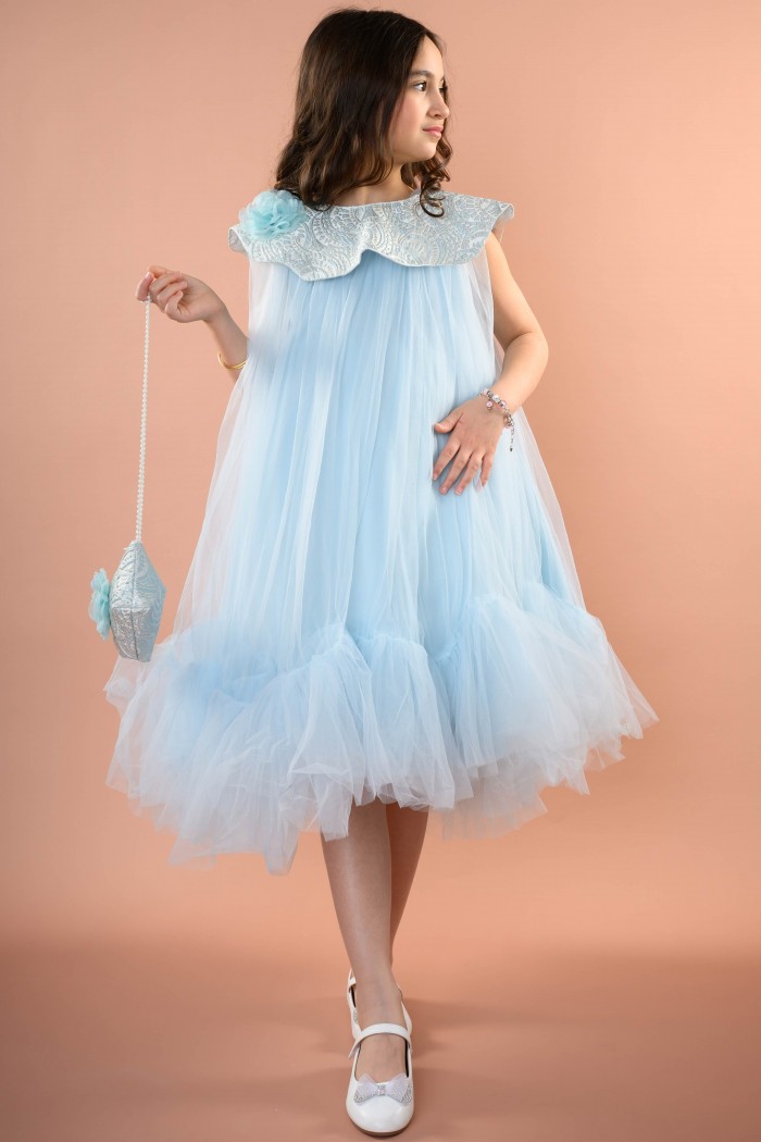 فستان تُل سماوي بتصميم ياقة جاكار مع شنطة أنيقة AN24091 من Biscoti بسكوتي – فساتين بناتي أنيقة وفخمة