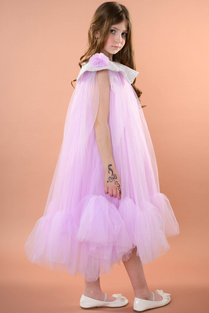 فستان تُل موف بتصميم ياقة جاكار مع شنطة أنيقة AN24091 من Biscoti بسكوتي – فساتين بناتي أنيقة وفخمة