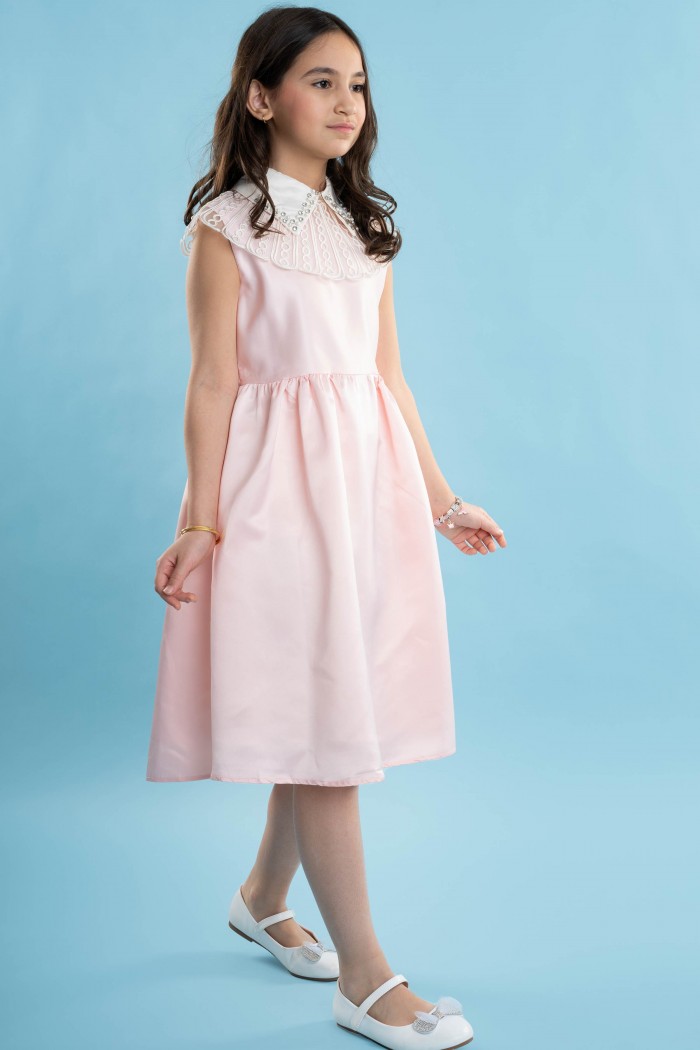 فستان لحمي كت بتصميم ياقة مطرزة بفخامة ملكية AN24101 من Biscoti بسكوتي – فساتين بناتي أنيقة وفخمة