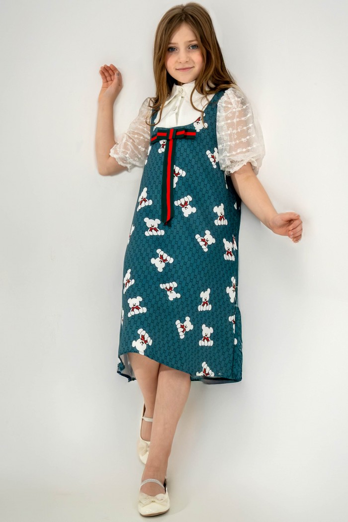 فستان تركواز مزين بدباديب أنيقة AN24022 من Biscoti بسكوتي – فساتين بناتي أنيقة وفخمة