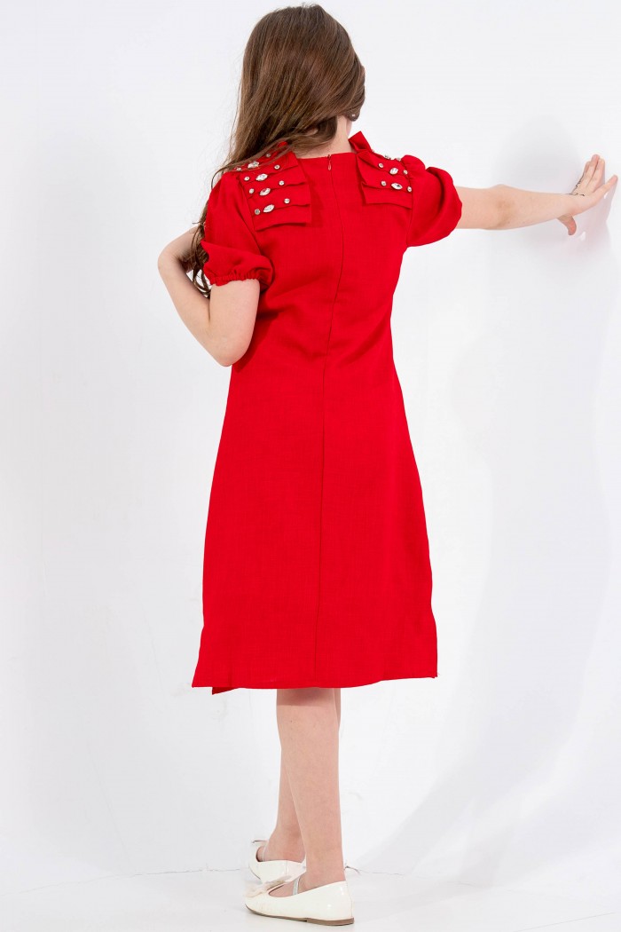 فستان أحمر مع كشكشة عند الأكتاف ولؤلؤ عند العنق AN24054 من Biscoti بسكوتي – فساتين بناتي أنيقة وفخمة