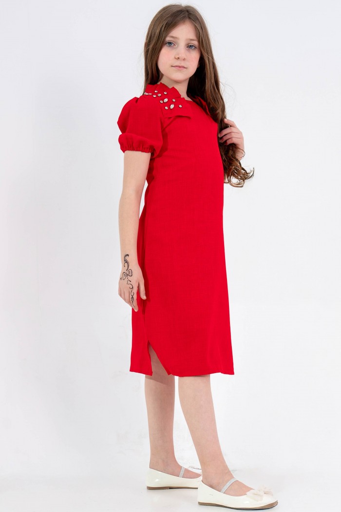 فستان أحمر مع كشكشة عند الأكتاف ولؤلؤ عند العنق AN24054 من Biscoti بسكوتي – فساتين بناتي أنيقة وفخمة