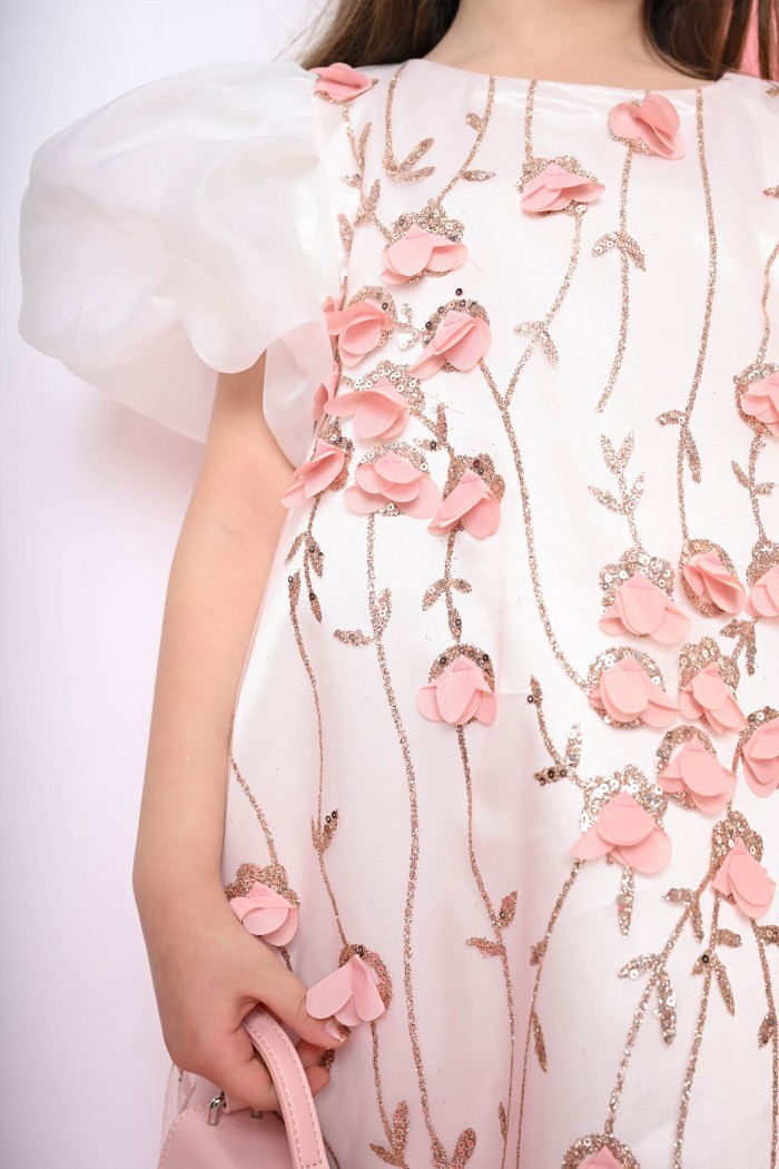 فستان معرق أبيض مع ورود أنيقة - AN24085 من Biscoti بسكوتي – فساتين بناتي أنيقة وفخمة