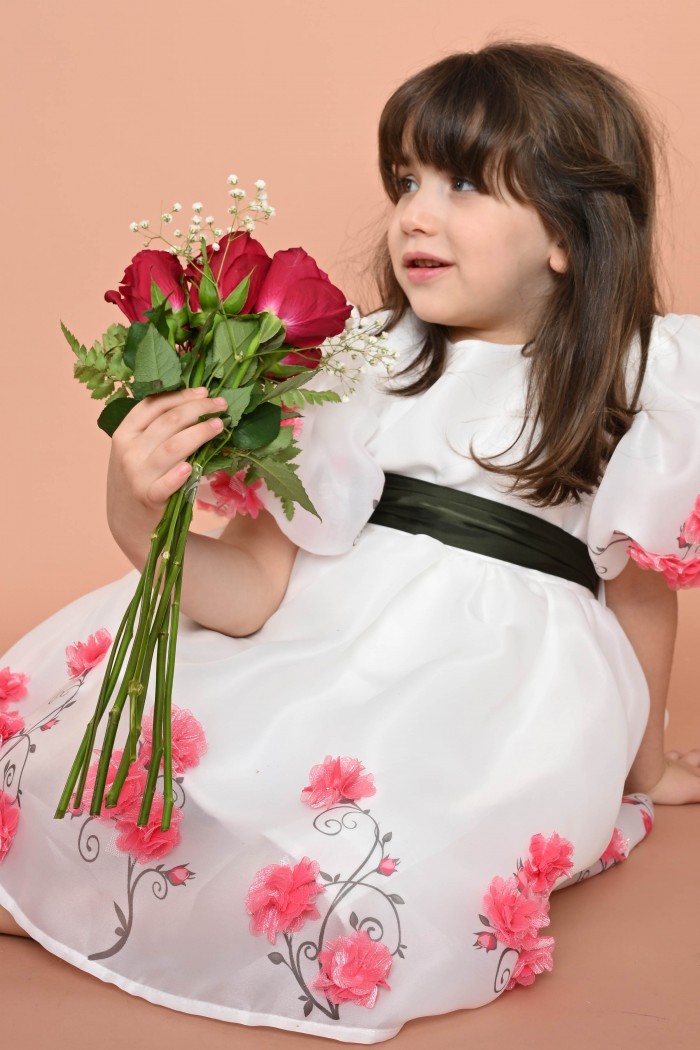 فستان أبيض ملكي مزين بورود حمراء وحزام زيتي - AN24224 من Biscoti بسكوتي – فساتين بناتي أنيقة وفخمة