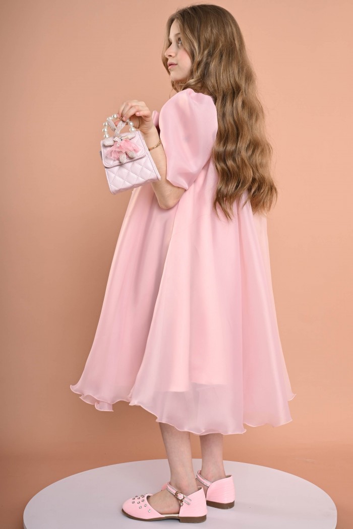 فستان سهرة كلوش مع فيونكة مزينة باللؤلؤ الملون - KM/228-P من Biscoti بسكوتي – فساتين بناتي أنيقة وفخمة