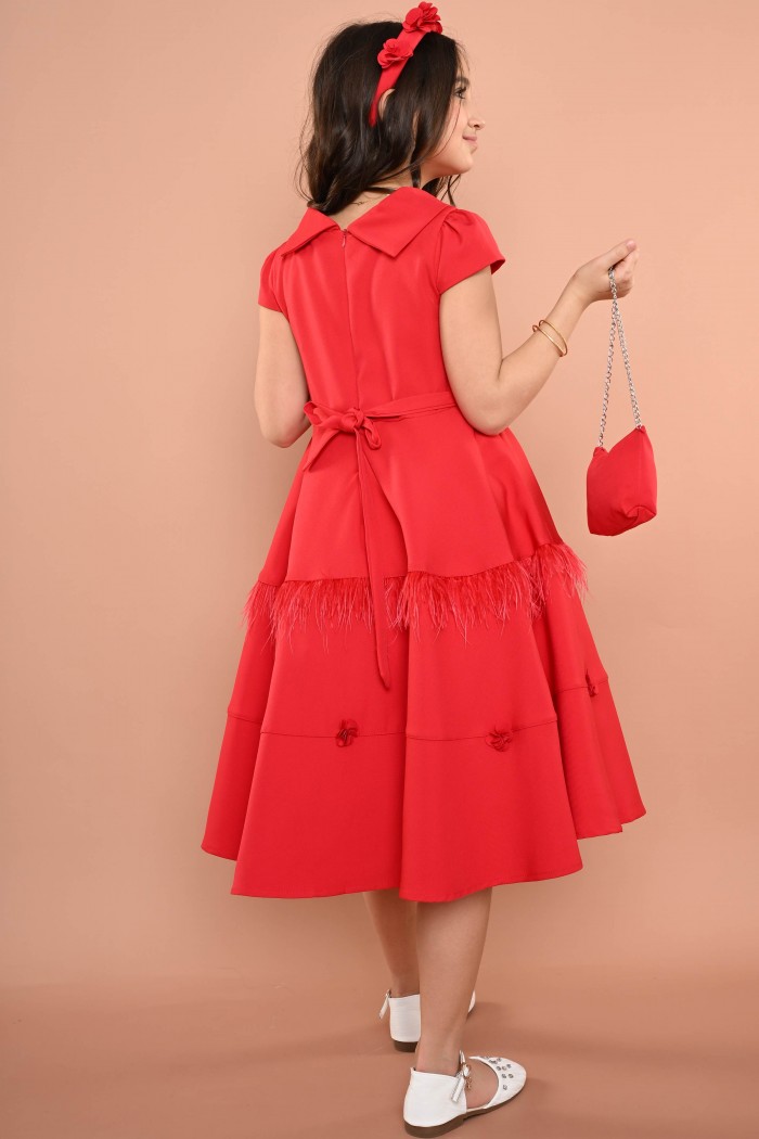 فستان ملكي احمر مزين فيونكة وريش مع طوق وشنطة - AN24202-R من Biscoti بسكوتي – فساتين بناتي أنيقة وفخمة