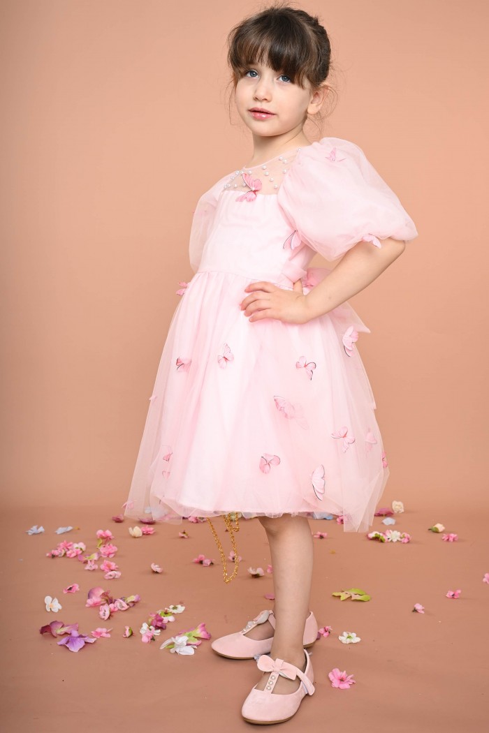 فستان وردي مع تطريز فراشة فاخرة بقصة أنيقة AN24080 من Biscoti بسكوتي – فساتين بناتي أنيقة وفخمة