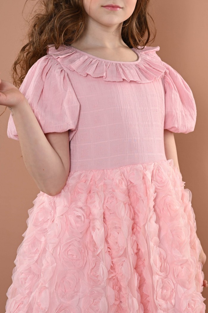 فستان ناعم وردي مع ياقه متعرجة مع ورود سفليه AN24050 من Biscoti بسكوتي – فساتين بناتي أنيقة وفخمة