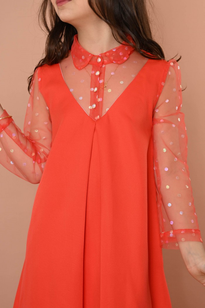 فستان أحمر بأكمام من التل AN24158 من Biscoti بسكوتي – فساتين بناتي أنيقة وفخمة