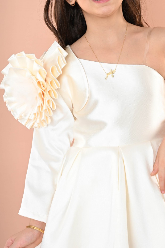 فستان بناتي ليموني مع قصة فريدة ووردة بالكتف 4285L من Biscoti بسكوتي – فساتين بناتي أنيقة وفخمة