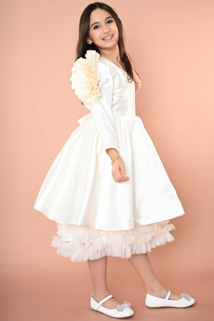 فستان بناتي ليموني مع قصة فريدة ووردة بالكتف 4285L من Biscoti بسكوتي – فساتين بناتي أنيقة وفخمة