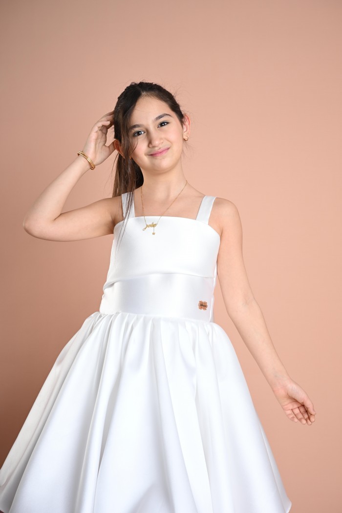 فستان بناتي ابيض مع قصة عصرية  كشكش في الاسفل RA2502-W من Biscoti بسكوتي – فساتين بناتي أنيقة وفخمة