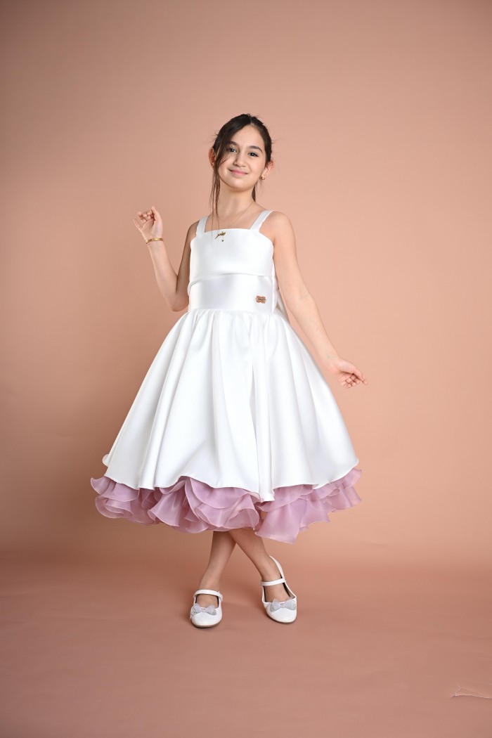 فستان بناتي ابيض مع قصة عصرية  كشكش في الاسفل RA2502-W من Biscoti بسكوتي – فساتين بناتي أنيقة وفخمة