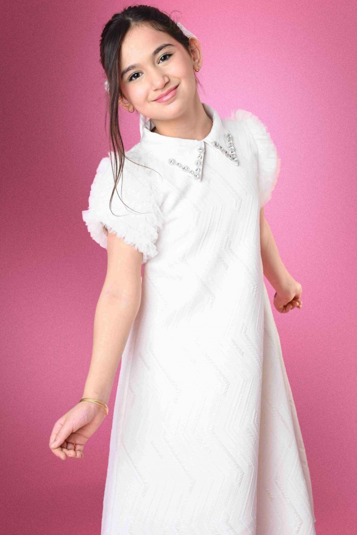 فستان سهرة بناتي بلون سكري مع كشكش في الكم  وفص لامع ة RA2514-W من Biscoti بسكوتي – فساتين بناتي أنيقة وفخمة