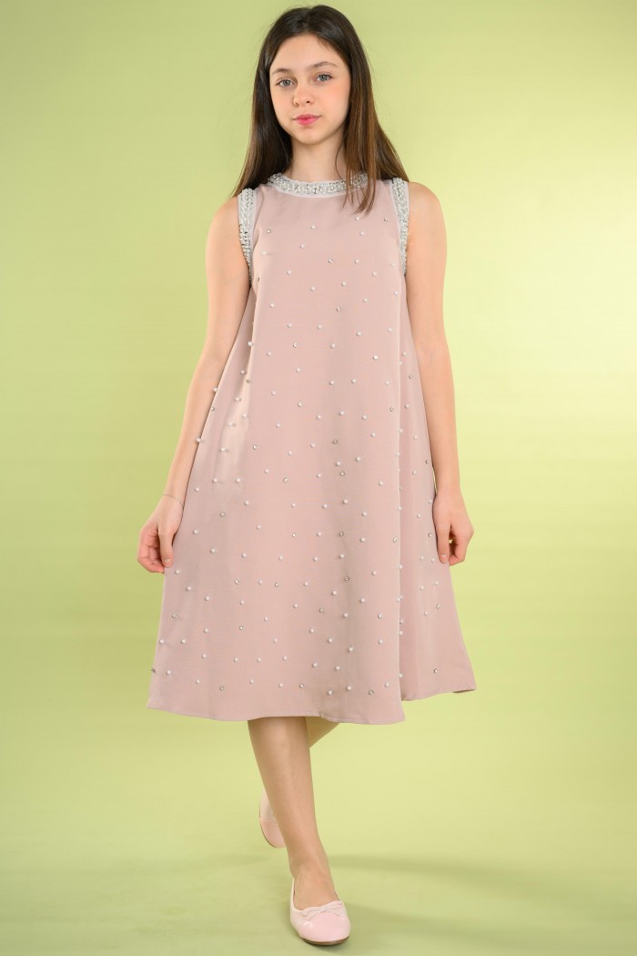 فستان لحمي أنيق بتطريز لؤلؤي وأكمام كَت – AN24369 من Biscoti بسكوتي – فساتين بناتي أنيقة وفخمة