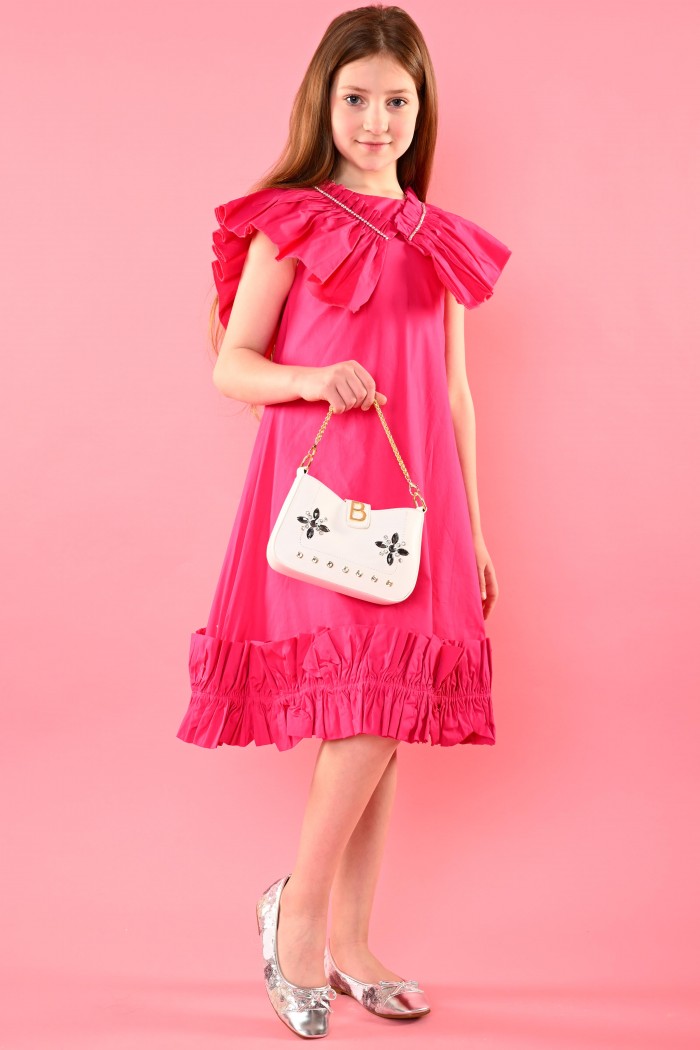 فستان فوشي عصري بكسرات أنيقة في الصدر مع تطريز ونهايات بطيات جذابة – AN24052 من Biscoti بسكوتي – فساتين بناتي أنيقة وفخمة