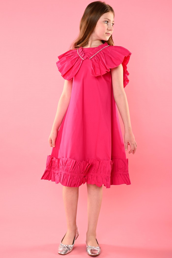 فستان فوشي عصري بكسرات أنيقة في الصدر مع تطريز ونهايات بطيات جذابة – AN24052 من Biscoti بسكوتي – فساتين بناتي أنيقة وفخمة