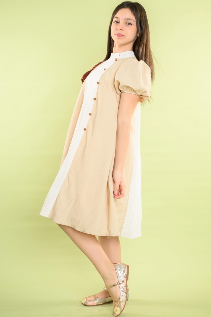 فستان عصري بدرجات البيج والبني مع أزرار جانبية – AN25023 من Biscoti بسكوتي – فساتين بناتي أنيقة وفخمة