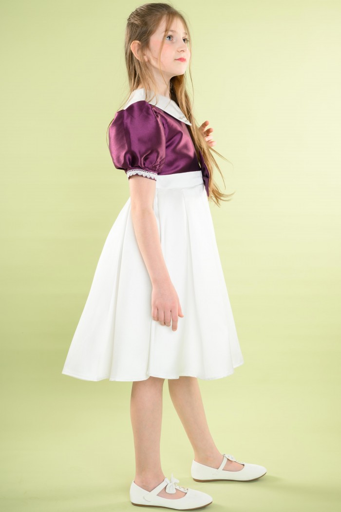 فستان أبيض وموف كلاسيكي مزين بوردة على الخصر وياقة مطرزة – AN25014 من Biscoti بسكوتي – فساتين بناتي أنيقة وفخمة