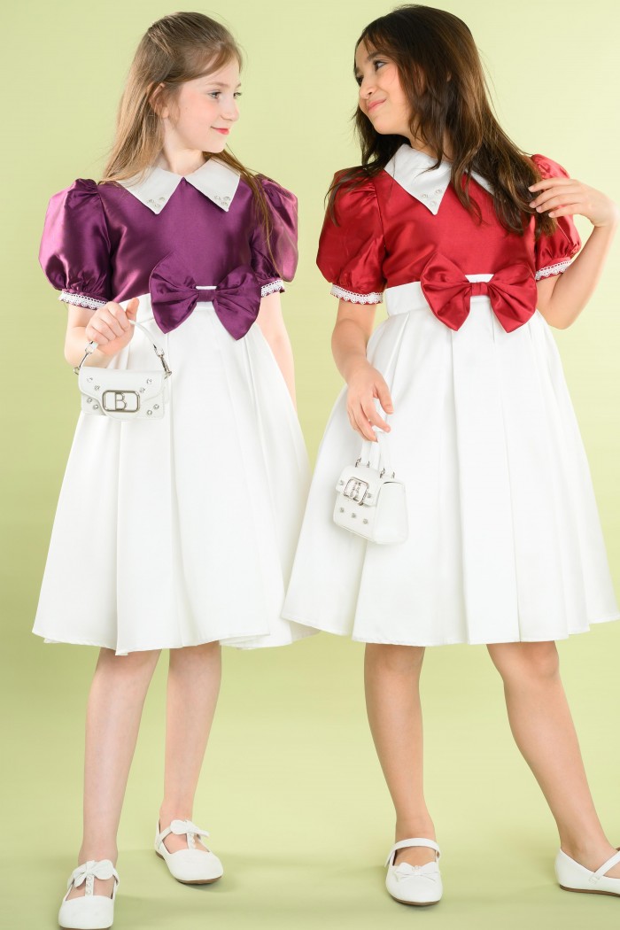 فستان أبيض وموف كلاسيكي مزين بوردة على الخصر وياقة مطرزة – AN25014 من Biscoti بسكوتي – فساتين بناتي أنيقة وفخمة