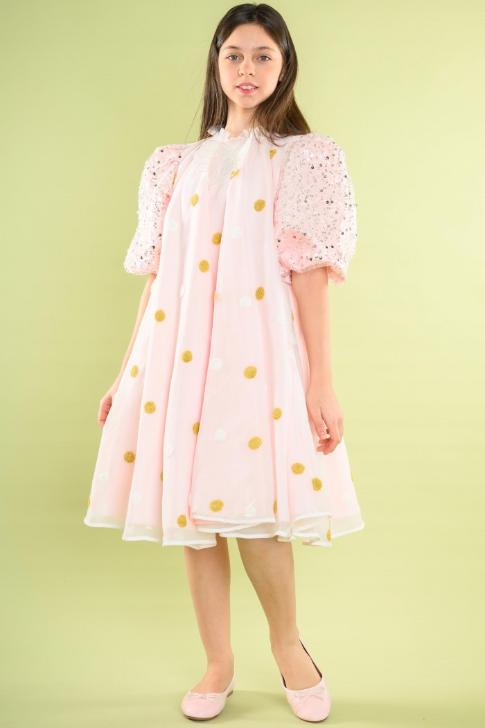 فستان زهري فاخر بأكمام مطرزة بالترتر وتفاصيل قطنية دائرية مع فيونكة – AN25026 من Biscoti بسكوتي – فساتين بناتي أنيقة وفخمة