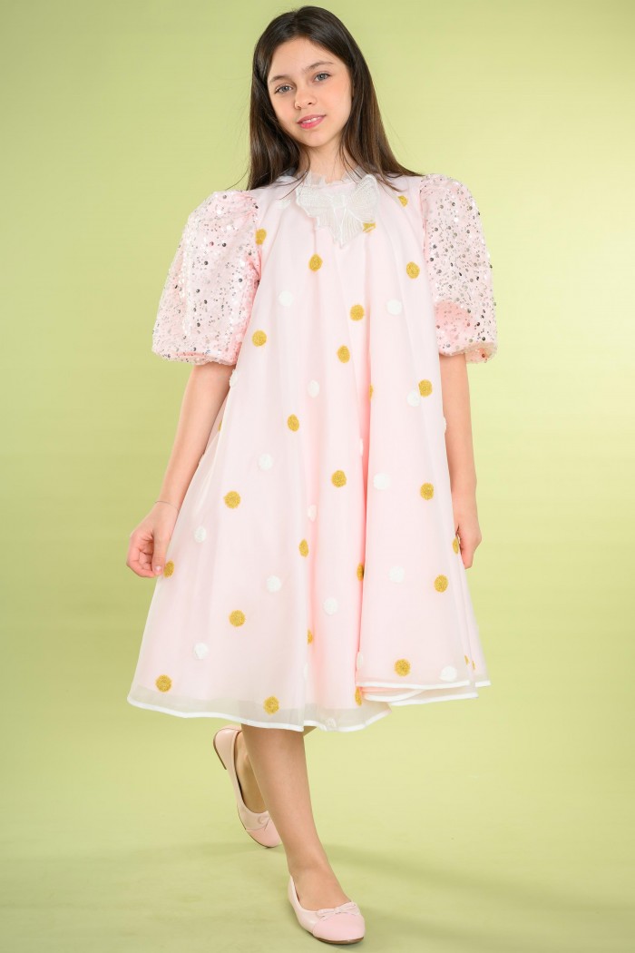 فستان زهري فاخر بأكمام مطرزة بالترتر وتفاصيل قطنية دائرية مع فيونكة – AN25026 من Biscoti بسكوتي – فساتين بناتي أنيقة وفخمة