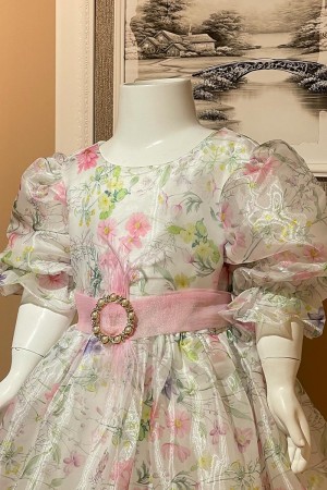 فستان بناتي بحزام وردي وتصميم انيق AN24092