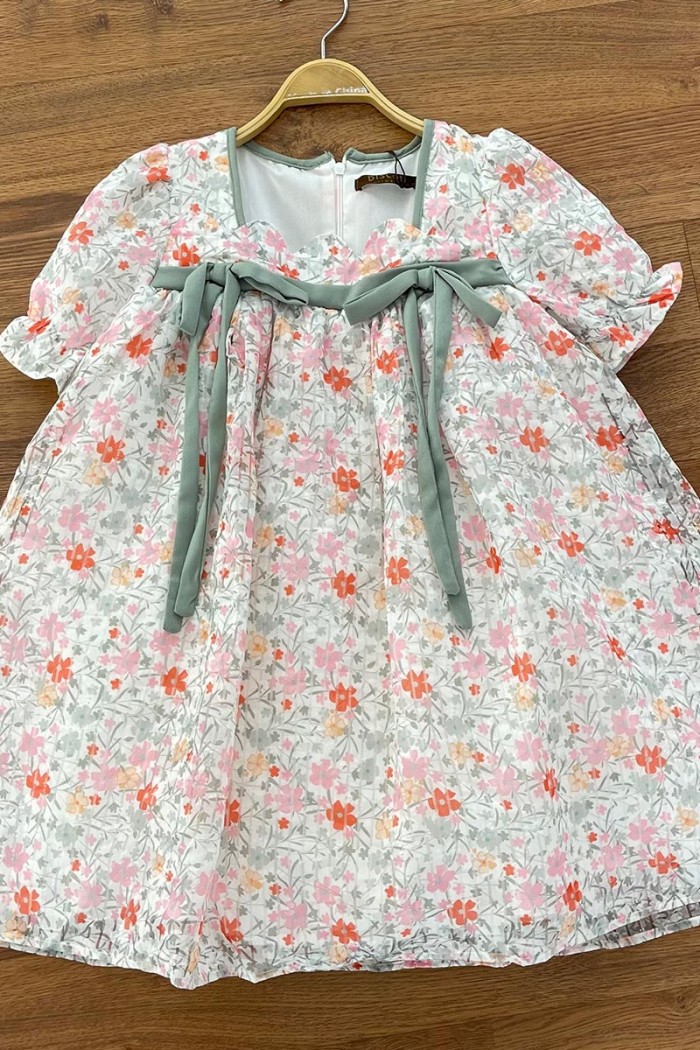 فستان بناتي زهور الربيع  بتصميم كلاسيكي وربطة مخملية  AN24032 من Biscoti بسكوتي – فساتين بناتي أنيقة وفخمة