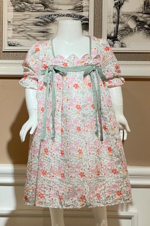 فستان بناتي زهور الربيع  بتصميم كلاسيكي وربطة مخملية  AN24032