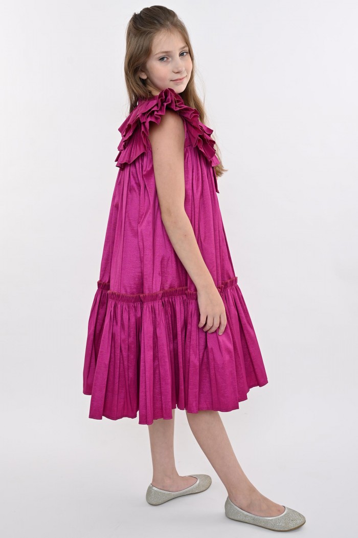 فستان فوشي أنيق للأطفال بتصميم كشكش وياقة مزينة بربطة من Biscoti بسكوتي – فساتين بناتي أنيقة وفخمة