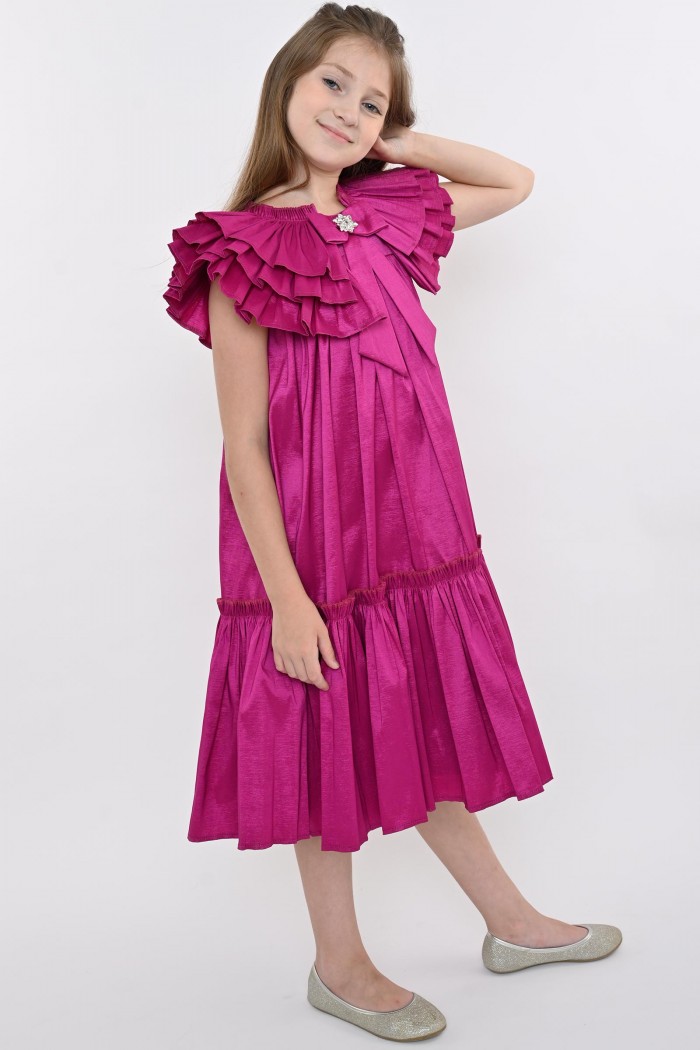 فستان فوشي أنيق للأطفال بتصميم كشكش وياقة مزينة بربطة من Biscoti بسكوتي – فساتين بناتي أنيقة وفخمة