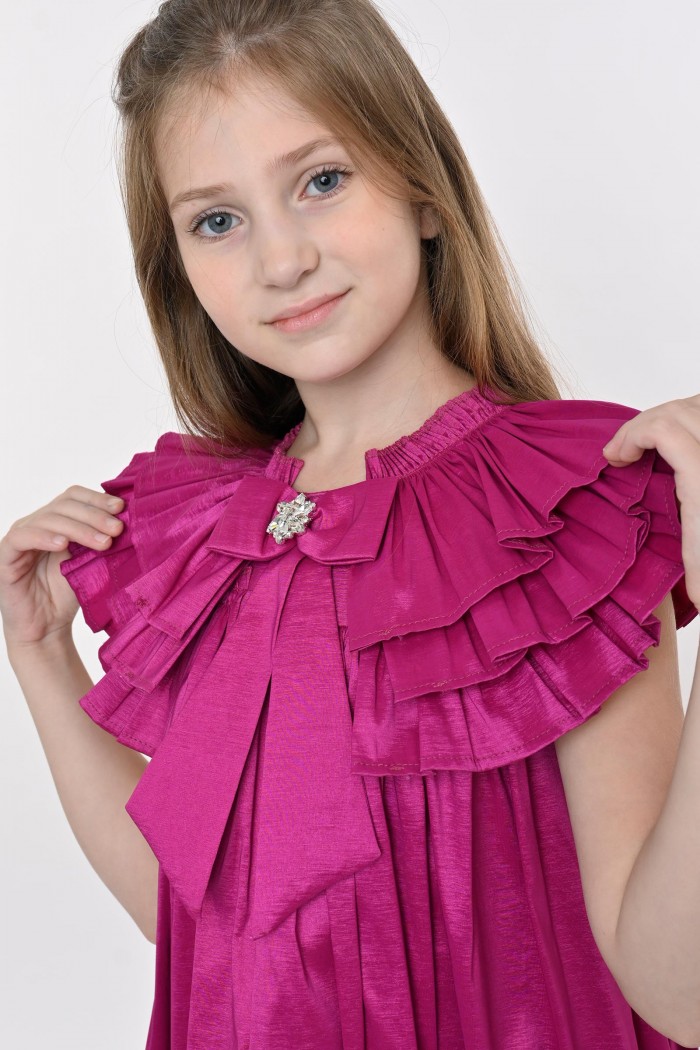 فستان فوشي أنيق للأطفال بتصميم كشكش وياقة مزينة بربطة من Biscoti بسكوتي – فساتين بناتي أنيقة وفخمة