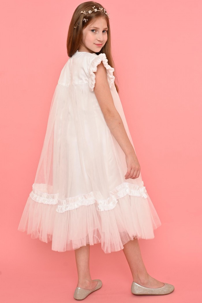 فستان أطفال طويل باللون اللحمي بتصميم تول مطرز وزهور بارزة من Biscoti بسكوتي – فساتين بناتي أنيقة وفخمة