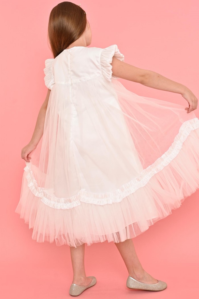 فستان أطفال طويل باللون اللحمي بتصميم تول مطرز وزهور بارزة من Biscoti بسكوتي – فساتين بناتي أنيقة وفخمة