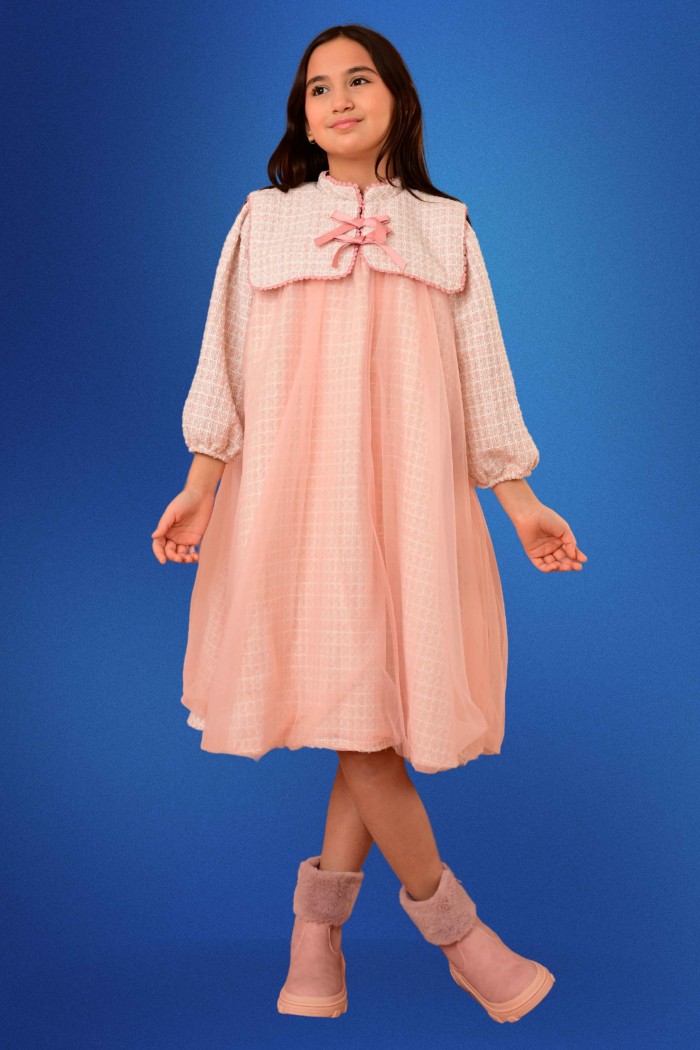 فستان شتوي بناتي وردي بتصميم كاب علوي وطبقة شيفون ناعمة - AN24360 من Biscoti بسكوتي – فساتين بناتي أنيقة وفخمة