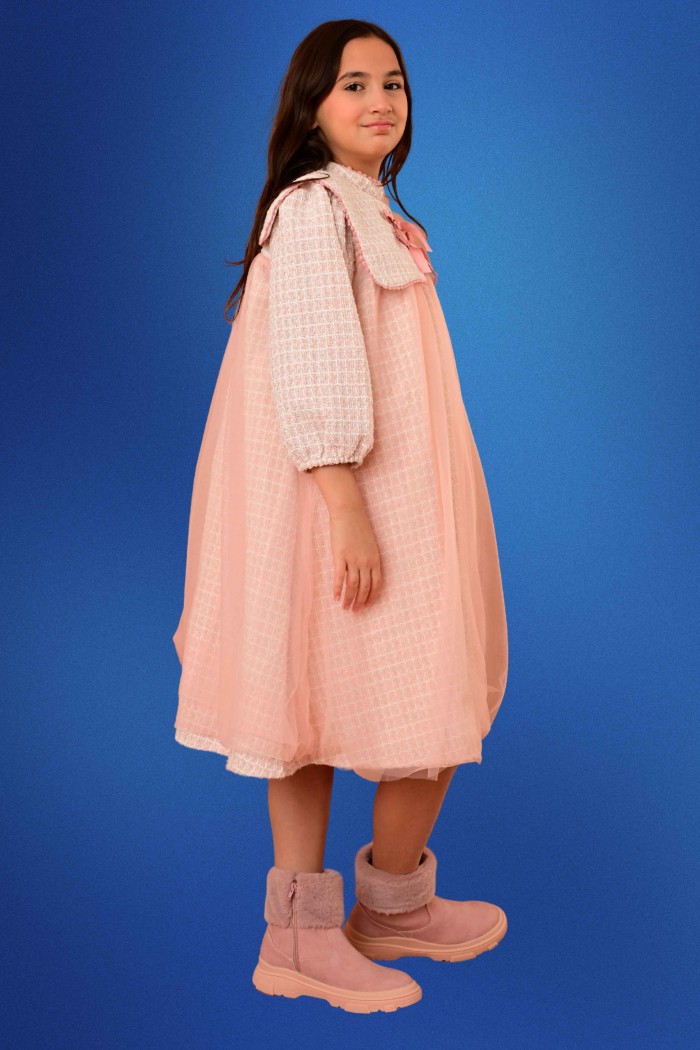 فستان شتوي بناتي وردي بتصميم كاب علوي وطبقة شيفون ناعمة - AN24360 من Biscoti بسكوتي – فساتين بناتي أنيقة وفخمة