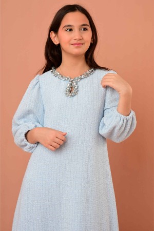 فستان شتوي بناتي لون سماوي بتطريز لؤلؤي فاخر حول الرقبة - AN24364	
