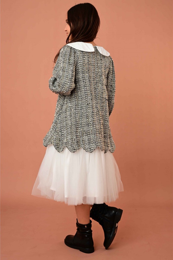 فستان شتوي بناتي بتصميم ياقة بيضاء عريضة وحواف مموجة أنيقة - AN24361	